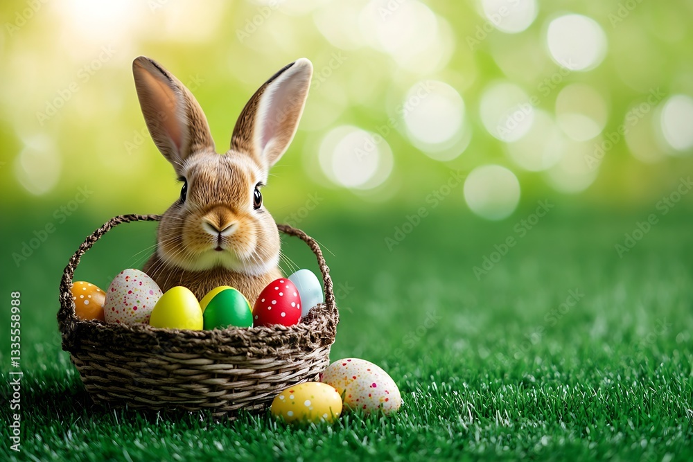Poster cute rabbit in a basket filled with colorful easter eggs on a grassy field : generative ai