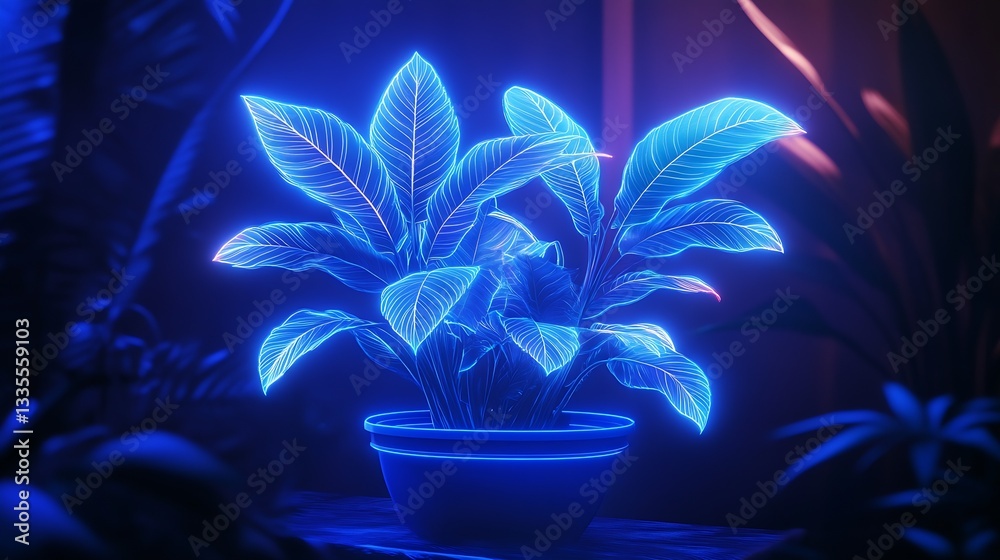 Aufkleber striking luminous indoor plant featuring vibrant blue light creating a stunning visual effect in a m