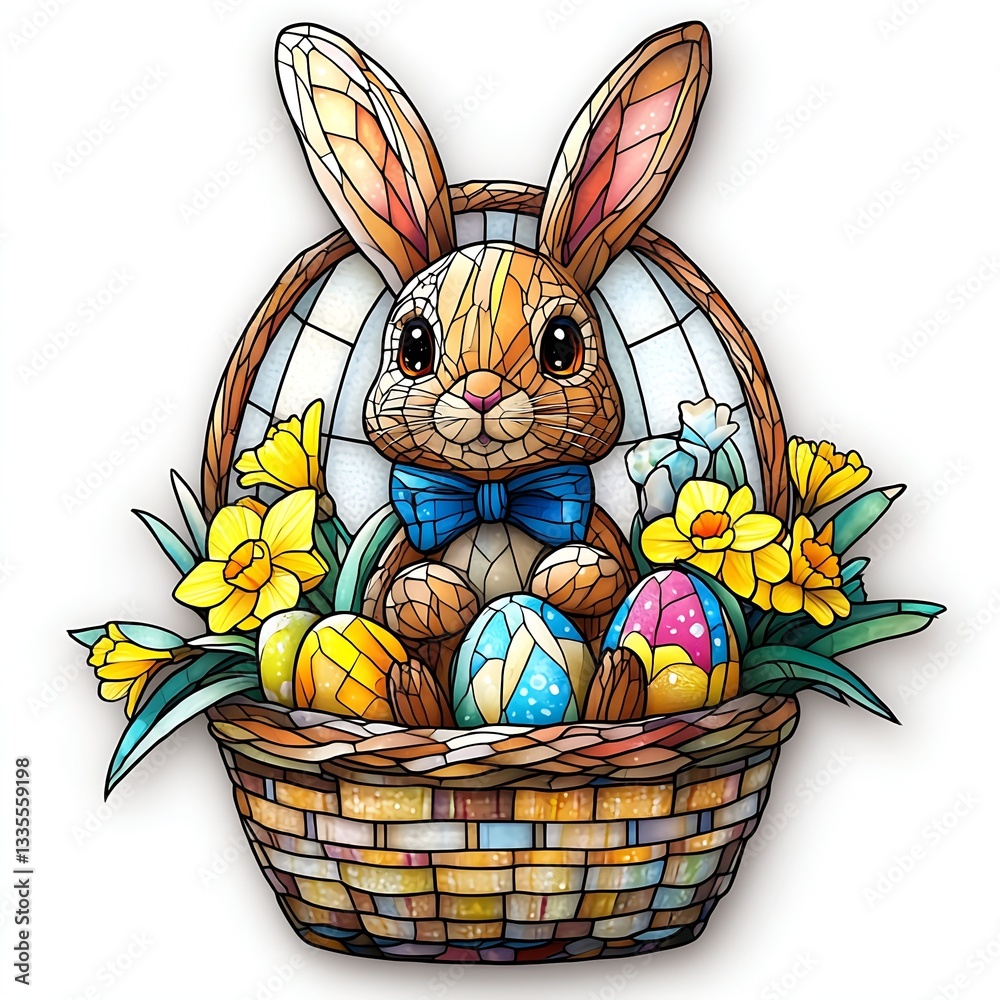 Poster beautiful stained glass bunny surrounded by easter eggs and daffodils in a festive basket : generati