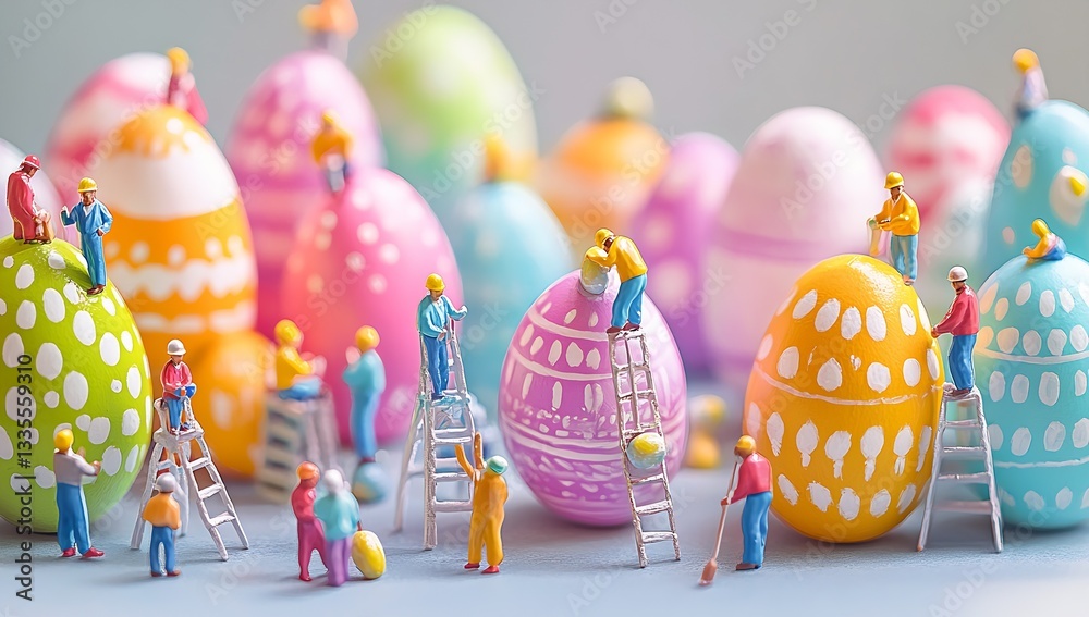 Poster miniature workers skillfully decorating vibrant pink and green easter eggs in a charming spring sett