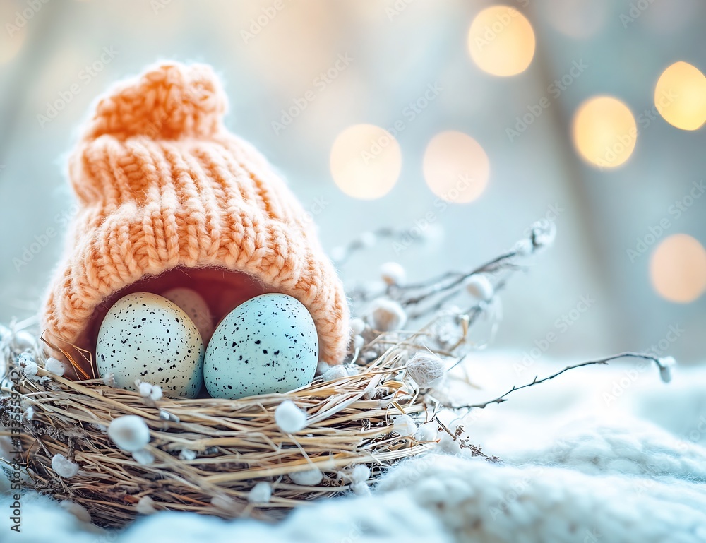 Poster Charming scene of two speckled eggs in a nest with a knitted hat surrounded by soft bokeh light effects capturing a cozy atmosphere : Generative AI