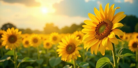 Sun-drenched sunflowers in a vibrant summer field, bright rays , sunlight, sky, hot