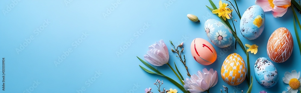 Aufkleber vibrant assortment of easter eggs styled with flowers and greenery on a bright blue backdrop for spr