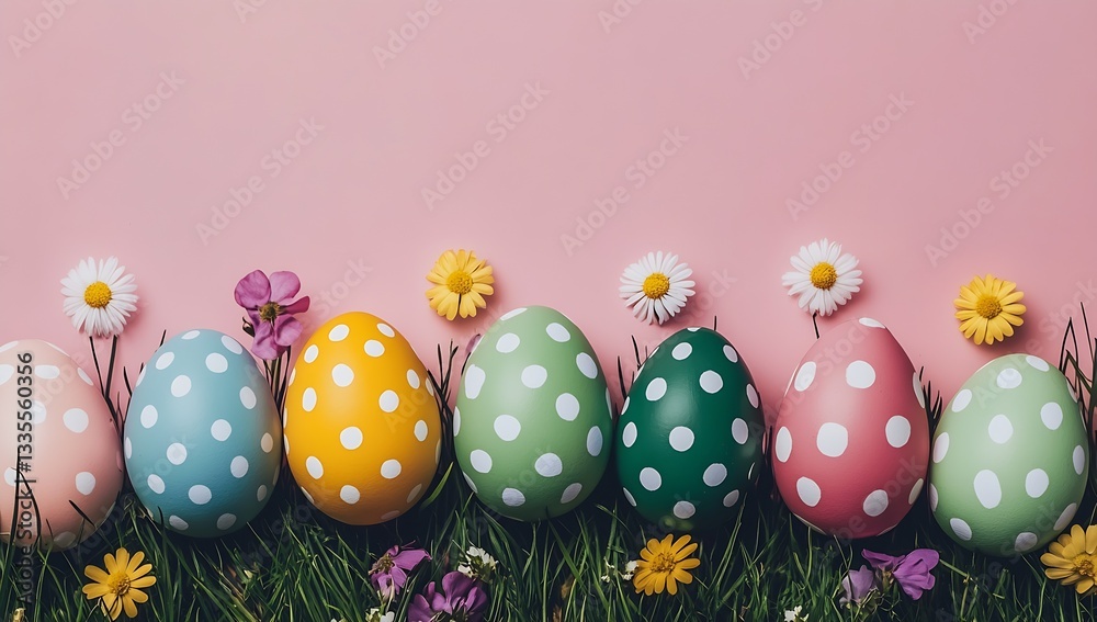 Aufkleber brightly colored easter eggs arranged neatly on grass with daisies and a soft pink backdrop : genera