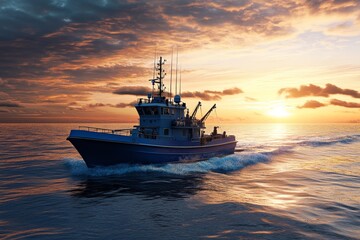 Fototapeta premium Photorealistic image of a blue fishing trawler on the ocean during a beautiful sunset
