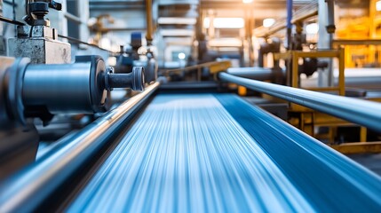A Detailed Inside Panorama of a Textile Mill with Rows of Working Machines Creating Fabrics