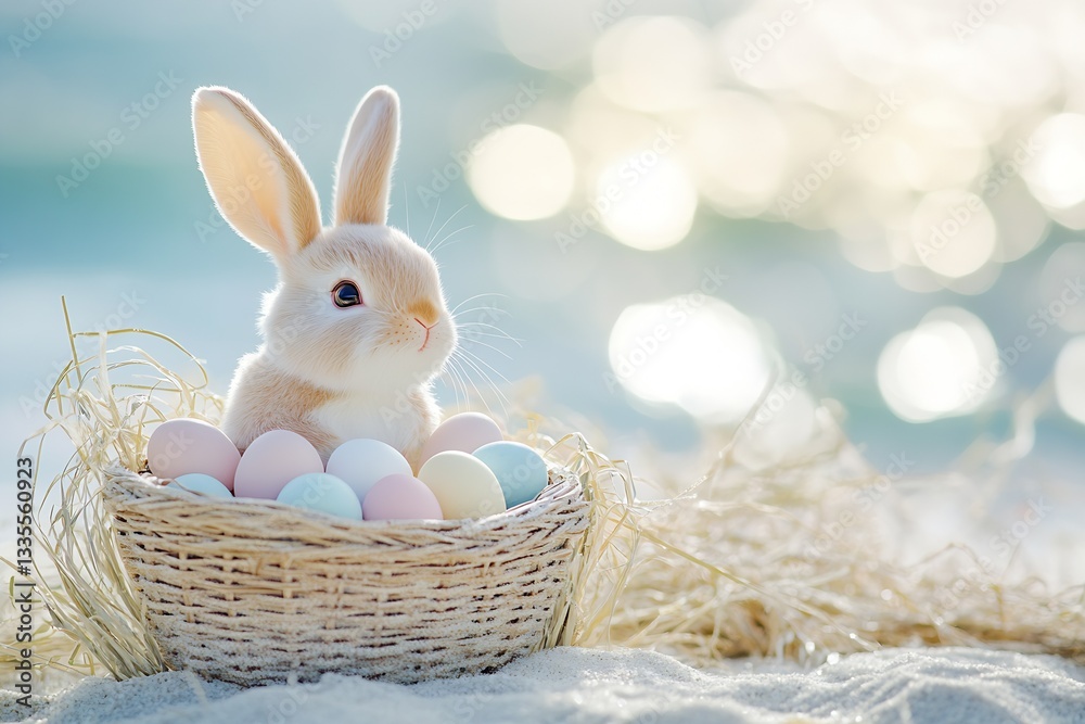 Poster charming rabbit surrounded by pastel easter eggs in a rustic basket on a sunny beach : generative ai