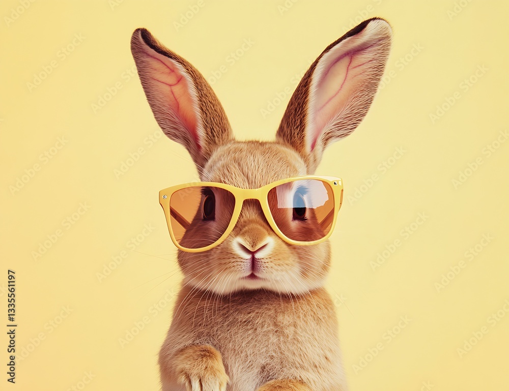 Poster happy rabbit adorned in yellow sunglasses striking a delightful pose against sunny yellow background