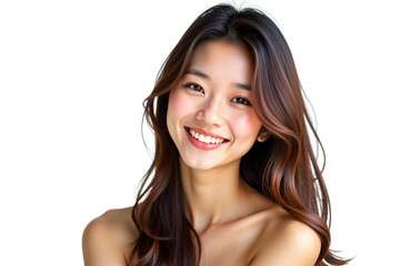 Beautiful Asian woman portrait smiling joyfully with brunette hair. Serene and elegant. Isolated on transparent background. Ideal for beauty and lifestyle themes.
