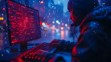 Intense coding session in snowy cityscape with illuminated data display