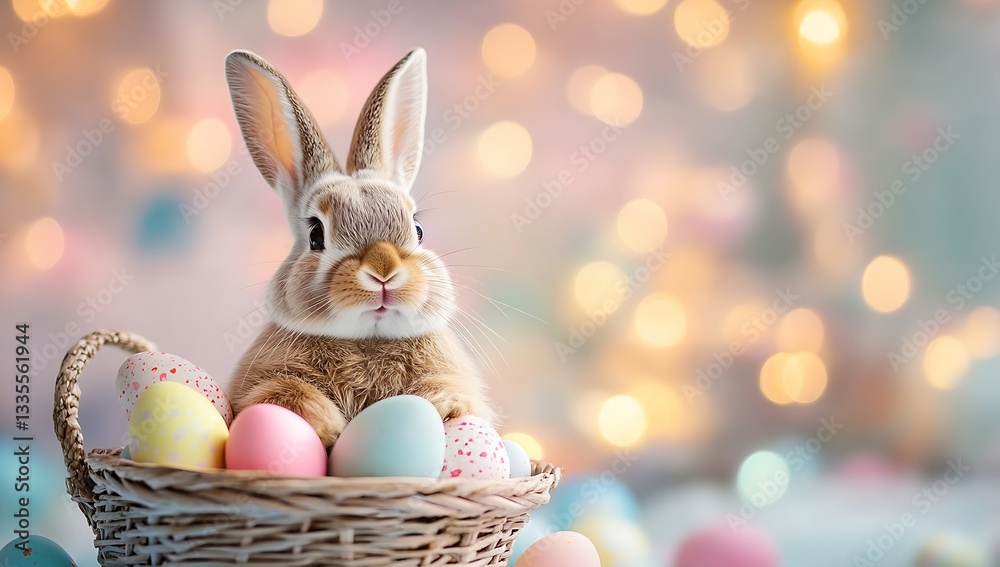 Poster adorable bunny surrounded by pastel easter eggs in a charming basket with a dreamy background : gene