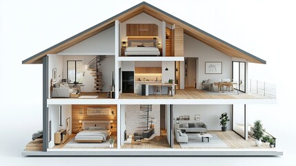Cutaway view of a house showing different rooms and levels