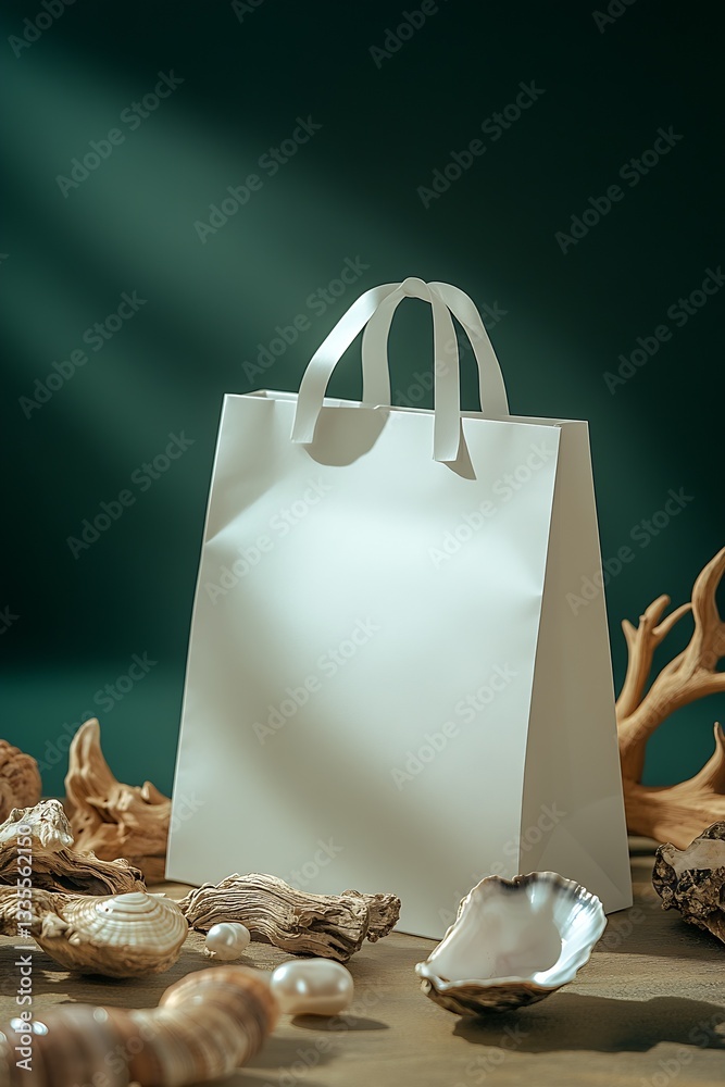 Poster charming white shopping bag set against a rich backdrop with seashells for an elegant presentation :