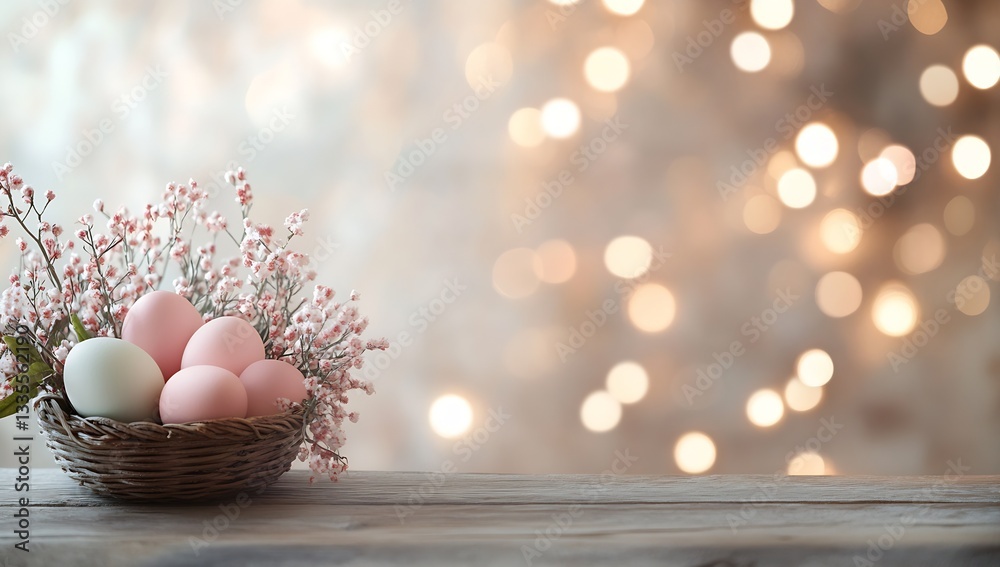 Aufkleber tasteful arrangement of pastel easter eggs in a rustic basket surrounded by bright pink flowers crea