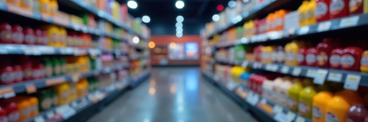 Abstract bokeh, supermarket shelves with glowing lights, illuminated, bright