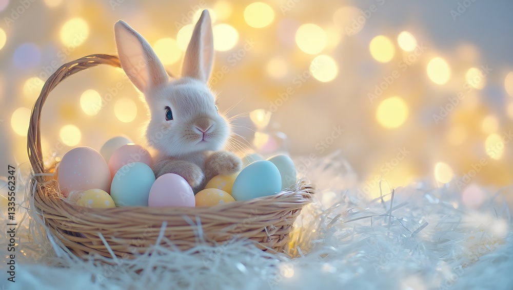 Aufkleber cute fluffy bunny peeking out of an easter basket filled with colorful eggs against a soft dreamy ba