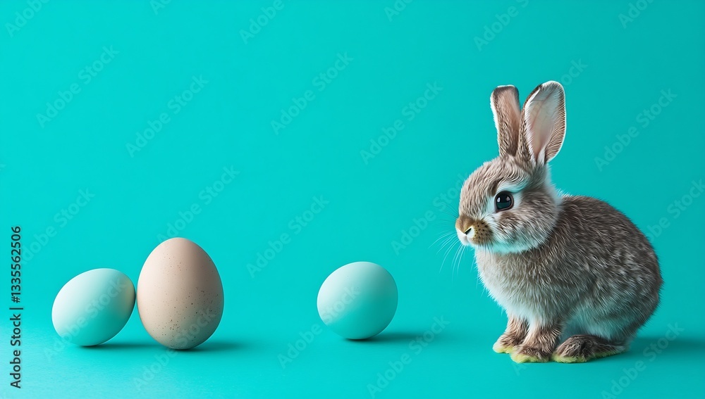 Poster fluffy grey rabbit beside colorful easter eggs on a vibrant turquoise background : generative ai