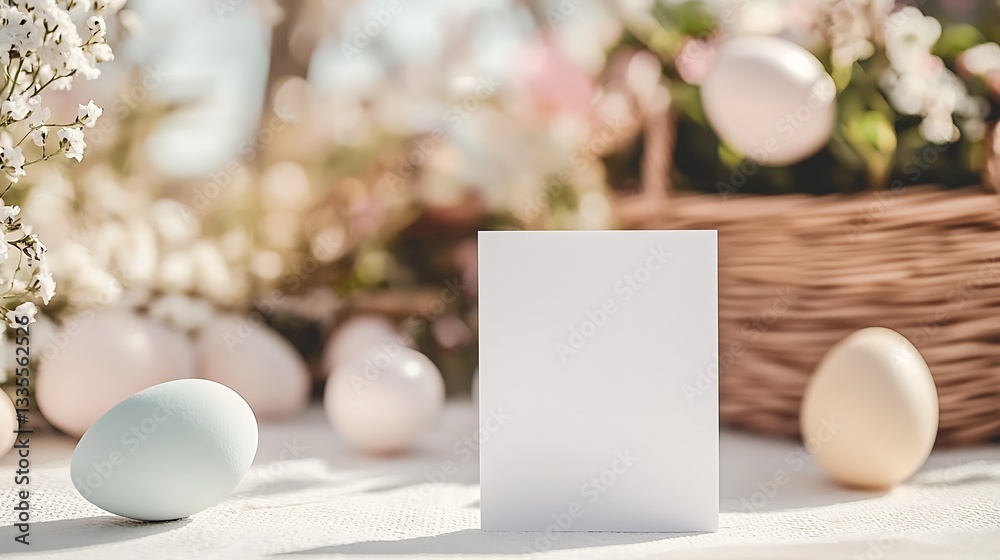 Poster serene spring atmosphere showcasing a plain card nestled with delicate flowers and pastel easter egg
