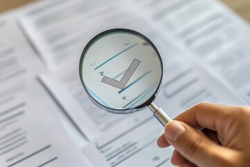 Examination quality control  magnifying glass over document with check mark on white background