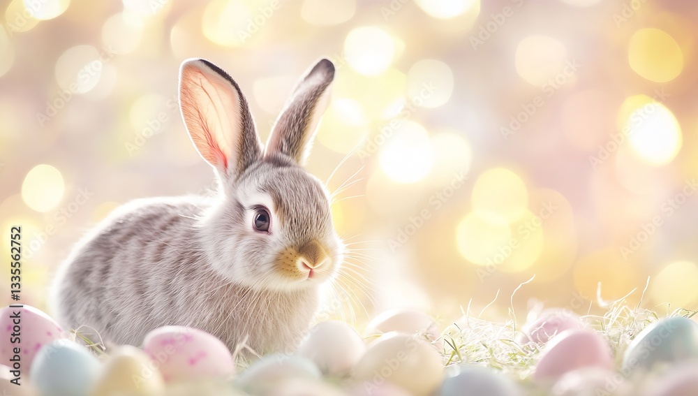 Poster playful gray bunny nestled among colorful easter eggs on a dreamy bokeh background : generative ai