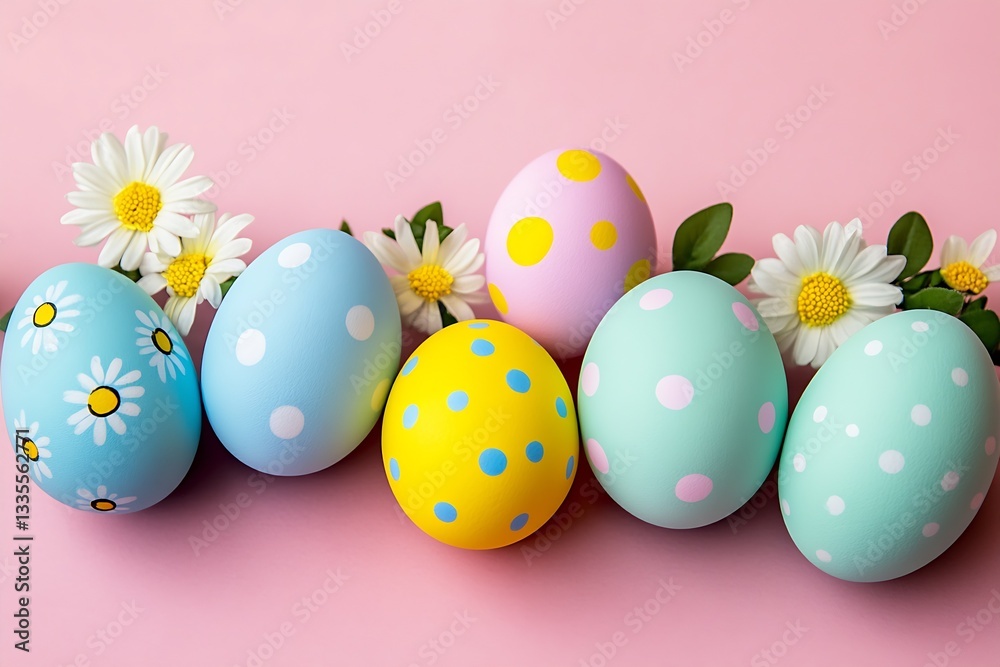 Poster six delightful pastel easter eggs adorned with playful patterns and fresh flowers on a pink surface 