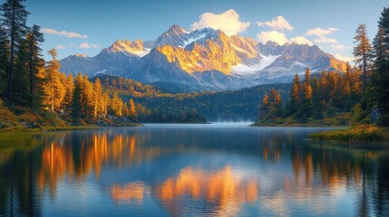 Alpine lake reflects sunrise on snowy peaks amid autumn forest