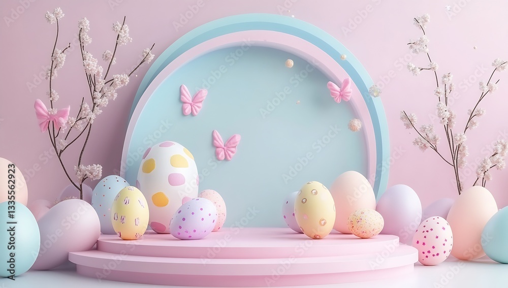 Poster Delightfully designed pastel Easter eggs and soft floral decorations in a playful spring setting with butterflies : Generative AI