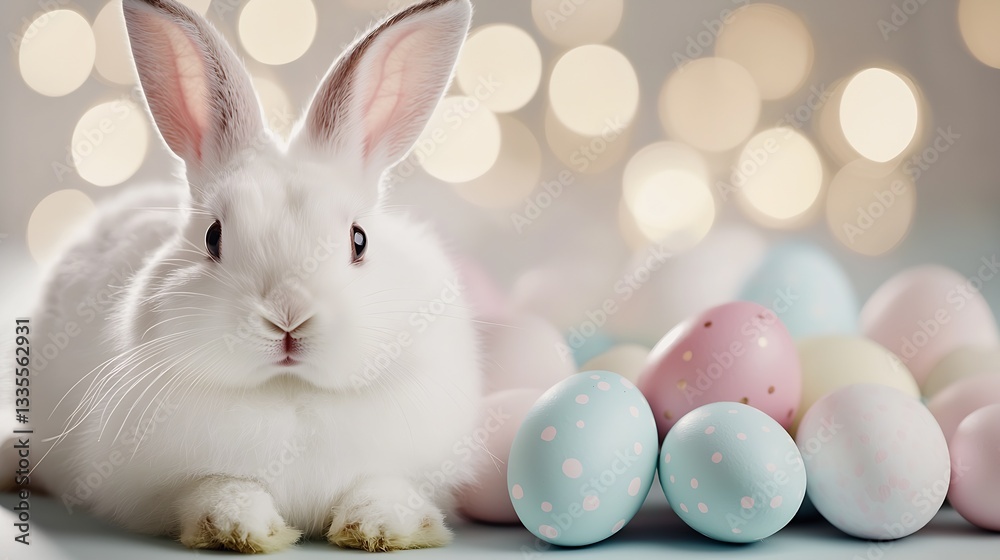 Aufkleber charming white rabbit comfortably resting near vibrant easter eggs and gentle bokeh lights : generat