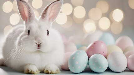 Charming white rabbit comfortably resting near vibrant Easter eggs and gentle bokeh lights : Generative AI