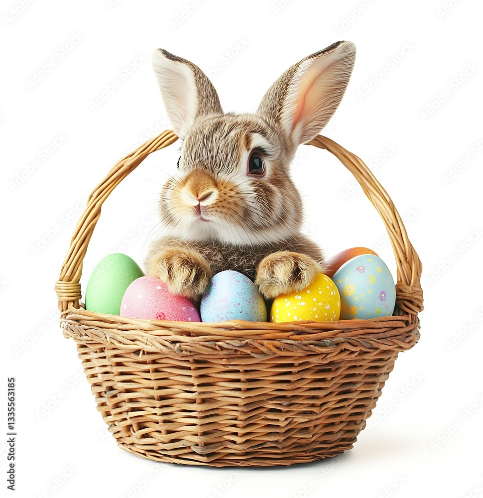 Poster sweet bunny resting in a basket surrounded by pastel colored easter eggs presenting a springtime vib