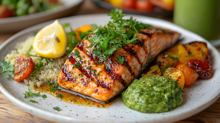 Delicious and Nutritious Grilled Salmon Dish with Fresh Garnishes