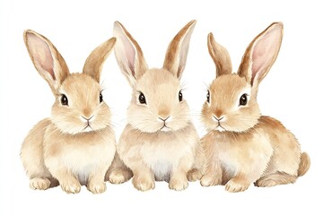 Fototapeta premium Lovely Illustrative Trio of Charming Brown Rabbits Sitting Together with Joyful Expressions : Generative AI