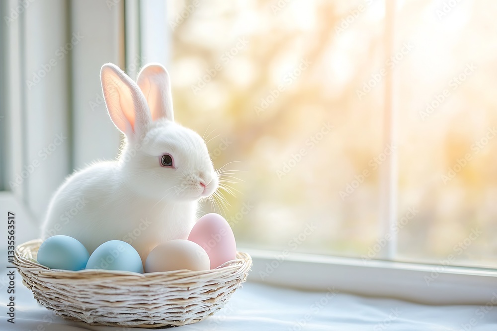 Poster cute white rabbit sitting in a basket surrounded by colorful easter eggs near a sunny window : gener