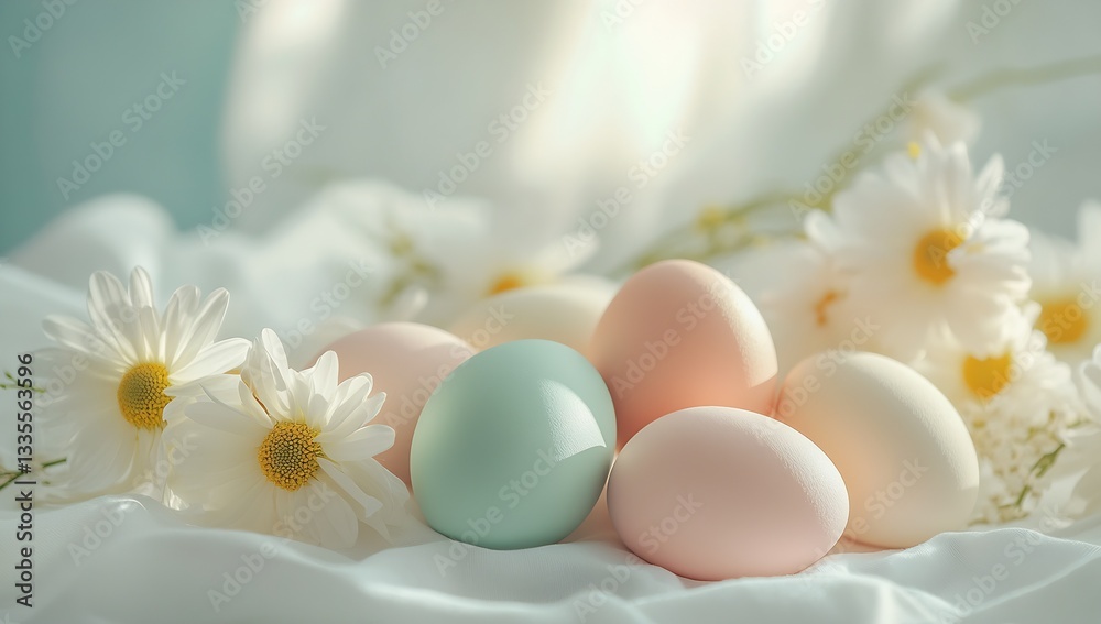 Aufkleber softly colored easter eggs surrounded by daisies and draped fabric on a gentle background : generati