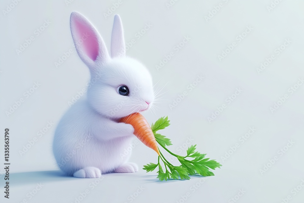 Poster charming fluffy rabbit holding a vibrant carrot with green foliage showcasing a playful atmosphere :