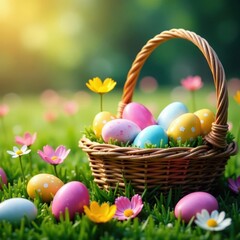 Fototapeta premium A woven basket filled with decorated eggs sits amid a profusion of blooming wildflowers , photography, tulips
