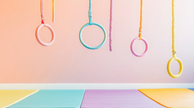 Colorful gymnastic rings and mats in a vertical arrangement for fitness and training