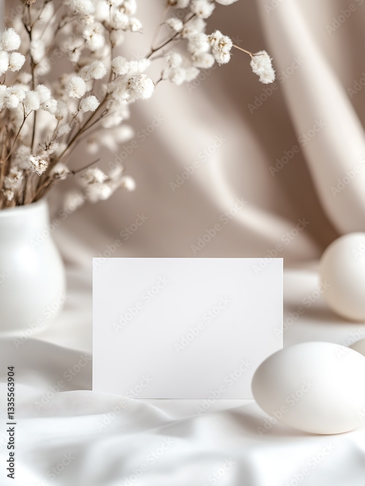 Poster charming still life of flowers and white eggs with a blank card for customization : generative ai