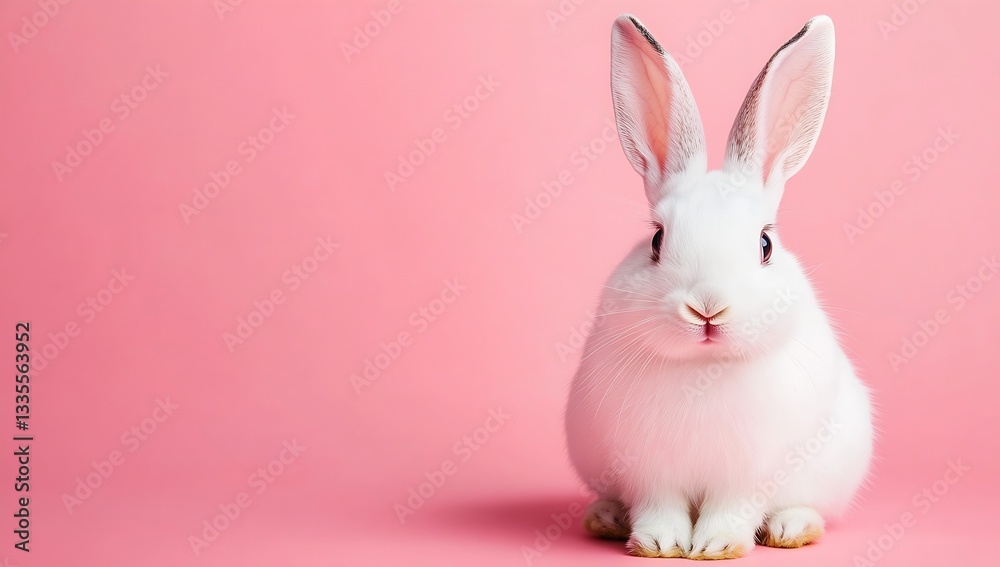 Poster fluffy white rabbit sitting on a soft pink surface gazing curiously at the camera : generative ai