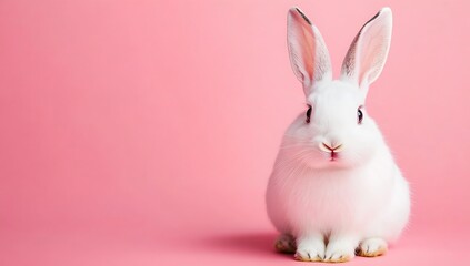 Fluffy white rabbit sitting on a soft pink surface gazing curiously at the camera : Generative AI