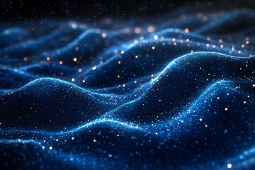 Blue light particles and wave glitters in a 3D abstract digital technology stock image,

