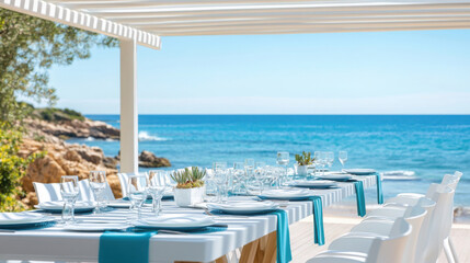 Fototapeta premium Panoramic coastal dining experience with ocean view for relaxation and entertaining