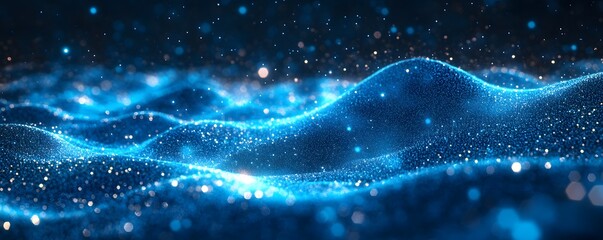 Blue light particles and wave glitters in a 3D abstract digital technology stock image,

