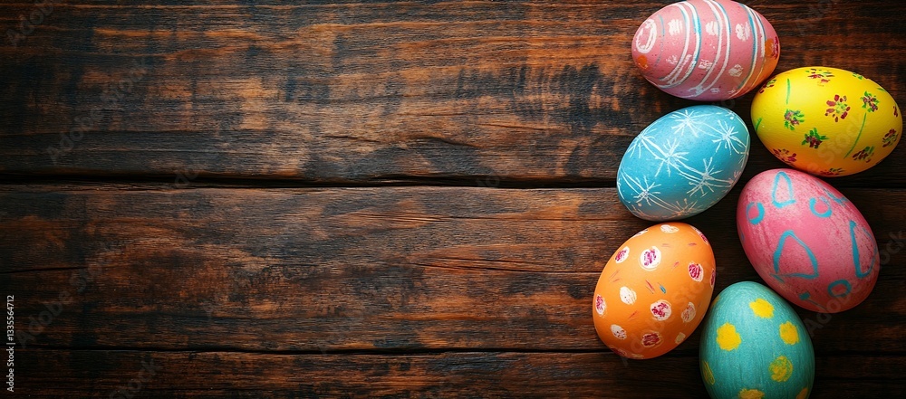 Poster pastel colored easter eggs embellished with various decorative patterns on wood : generative ai