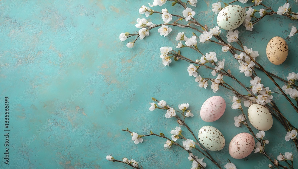 Poster elegant composition of easter eggs in soft pastel shades nestled among subtle blossom branches on a 