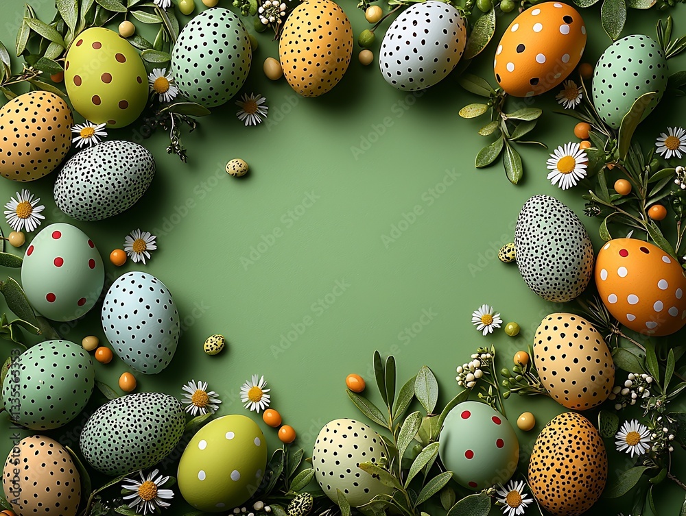 Aufkleber charming easter egg display surrounded by greenery and delicate flowers on a light green canvas : ge