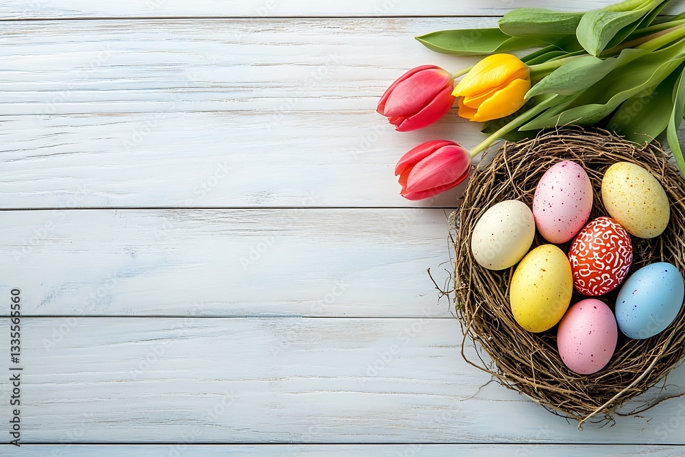 Poster charming arrangement of decorated easter eggs nestled in a cozy nest with spring tulips : generative