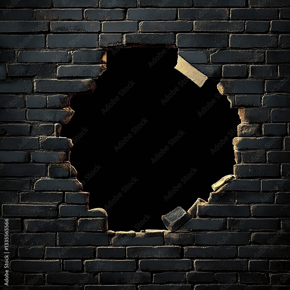 Poster Impressive wall featuring a significant break displaying abundant texture and depth with a dark empty center : Generative AI