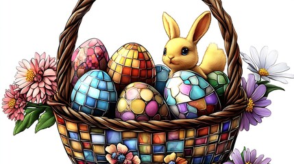 Vibrant mosaic Easter eggs and a delightful bunny in a basket adorned with flowers : Generative AI