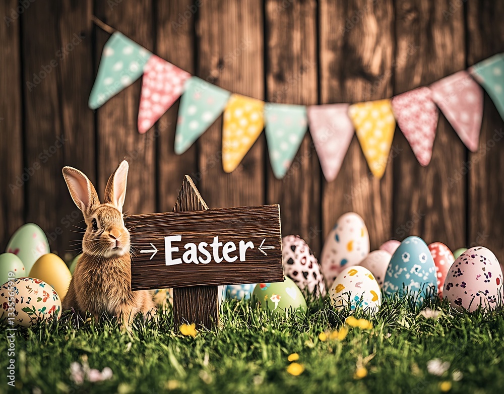 Aufkleber charming easter scene with a playful rabbit and beautifully decorated eggs under colorful bunting : 